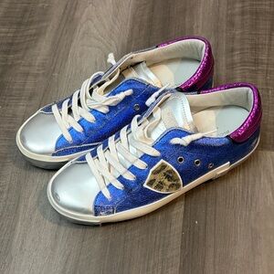 Philippe Model Metallic Blue & Silver Women's Sneakers with Pink Heel